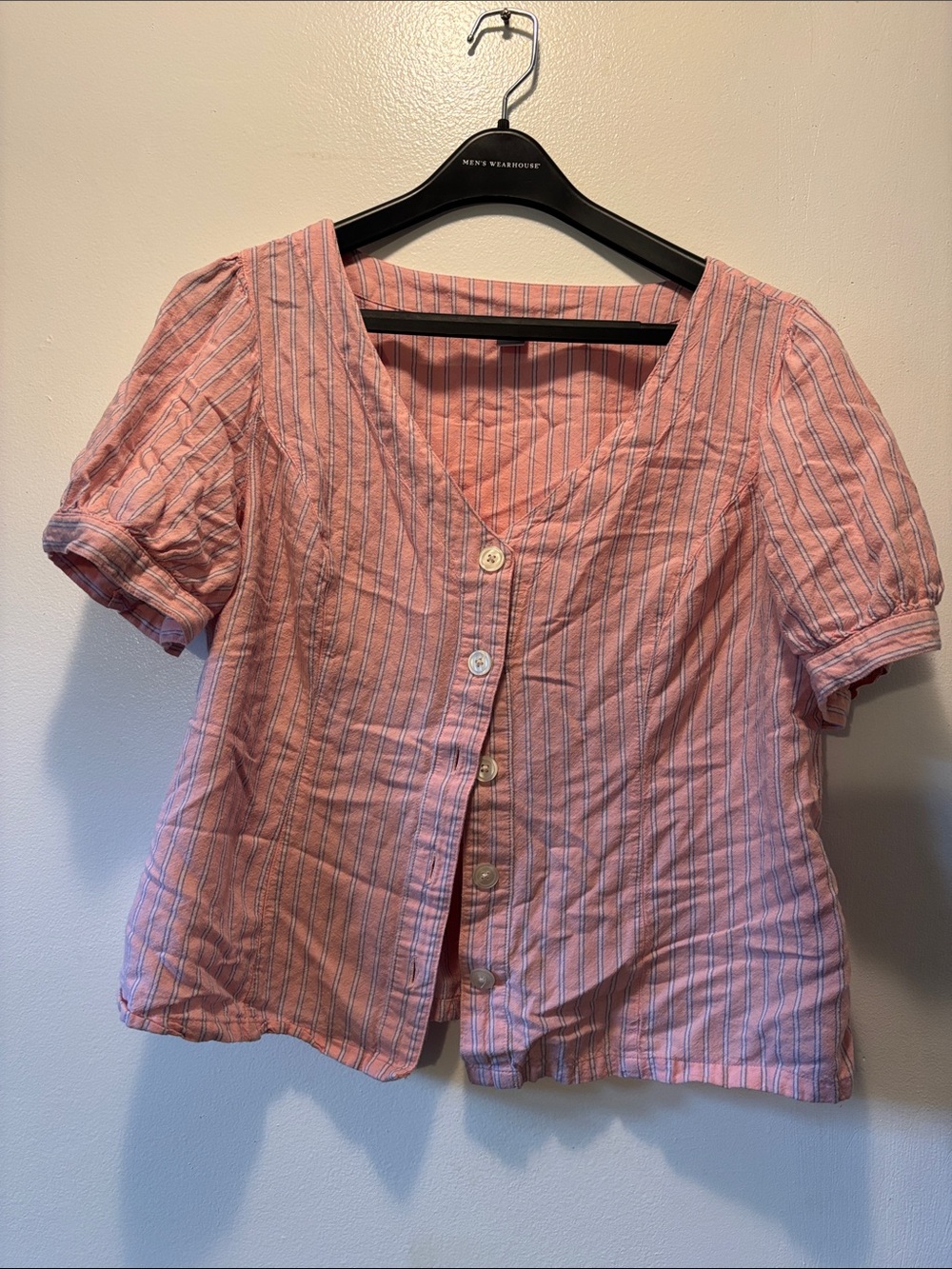 Old Navy Pink Striped Button-Down Square Neck Blouse